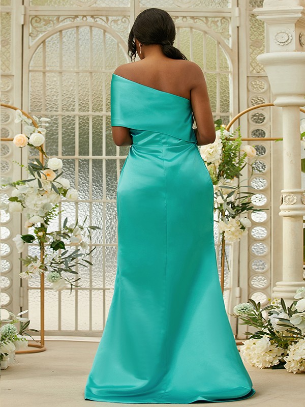 Sheath/Column Satin Ruched One-Shoulder Sleeveless Sweep/Brush Train Bridesmaid Dresses 3022