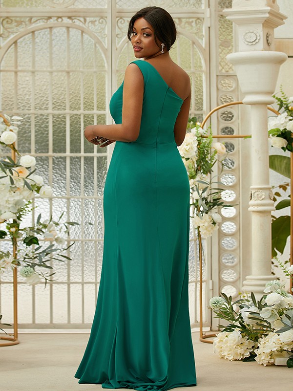 Sheath/Column Jersey Ruffles One-Shoulder Sleeveless Sweep/Brush Train Bridesmaid Dresses 2970