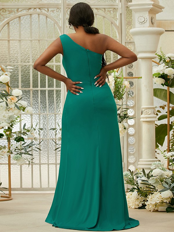 Sheath/Column Jersey Ruffles One-Shoulder Sleeveless Sweep/Brush Train Bridesmaid Dresses 2970