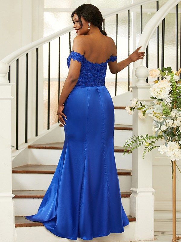 Sheath/Column Silk like Satin Applique Off-the-Shoulder Sleeveless Sweep/Brush Train Bridesmaid Dresses 3051