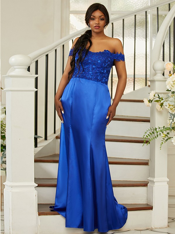 Sheath/Column Silk like Satin Applique Off-the-Shoulder Sleeveless Sweep/Brush Train Bridesmaid Dresses 3051