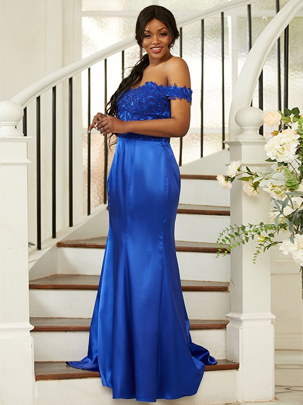 Sheath/Column Silk like Satin Applique Off-the-Shoulder Sleeveless Sweep/Brush Train Bridesmaid Dresses 3051