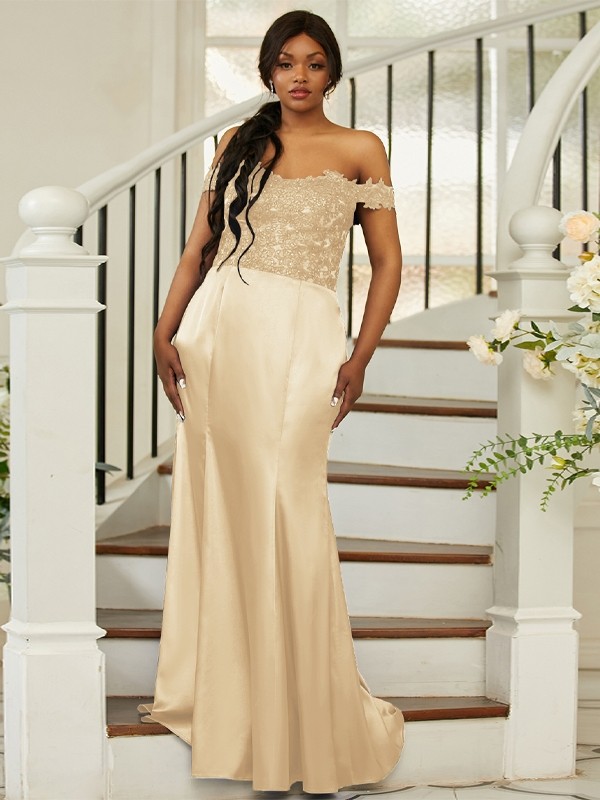 Sheath/Column Silk like Satin Applique Off-the-Shoulder Sleeveless Sweep/Brush Train Bridesmaid Dresses 3051