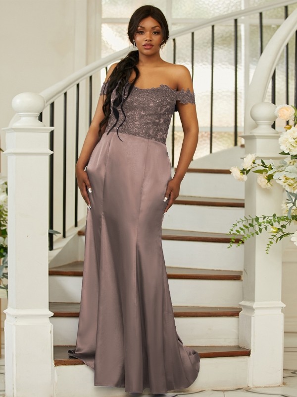 Sheath/Column Silk like Satin Applique Off-the-Shoulder Sleeveless Sweep/Brush Train Bridesmaid Dresses 3051