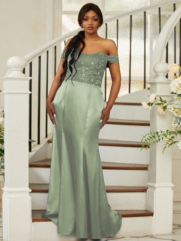 Sheath/Column Silk like Satin Applique Off-the-Shoulder Sleeveless Sweep/Brush Train Bridesmaid Dresses 3051