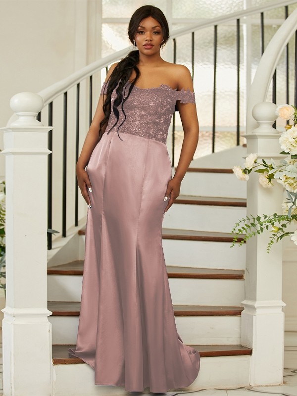 Sheath/Column Silk like Satin Applique Off-the-Shoulder Sleeveless Sweep/Brush Train Bridesmaid Dresses 3051