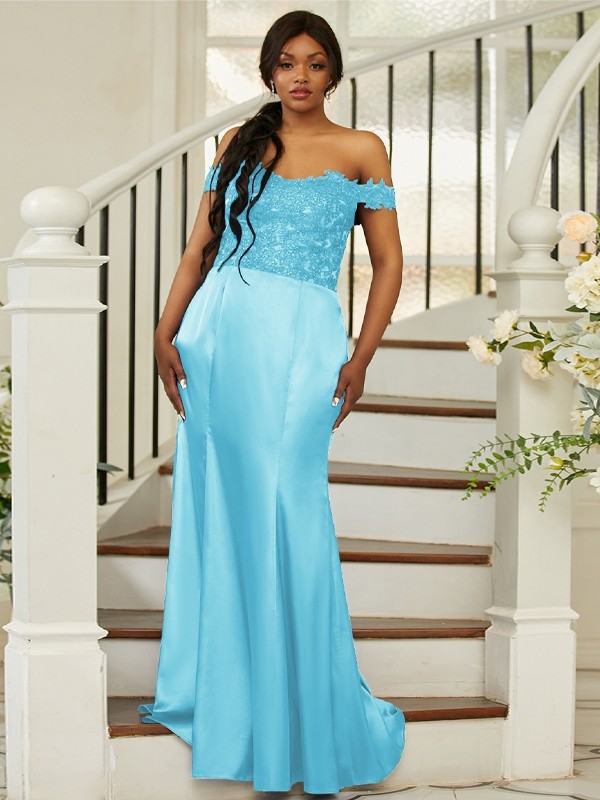 Sheath/Column Silk like Satin Applique Off-the-Shoulder Sleeveless Sweep/Brush Train Bridesmaid Dresses 3051