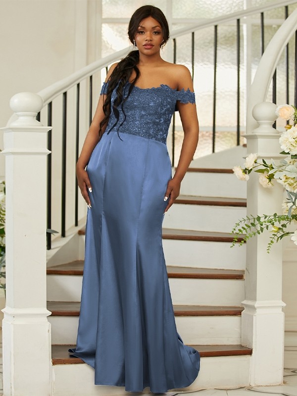 Sheath/Column Silk like Satin Applique Off-the-Shoulder Sleeveless Sweep/Brush Train Bridesmaid Dresses 3051