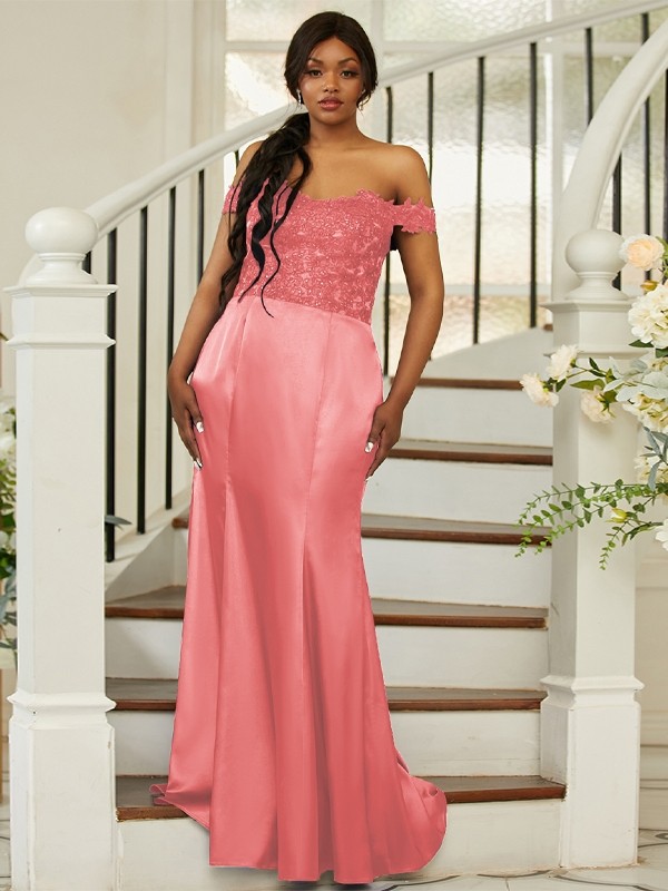 Sheath/Column Silk like Satin Applique Off-the-Shoulder Sleeveless Sweep/Brush Train Bridesmaid Dresses 3051