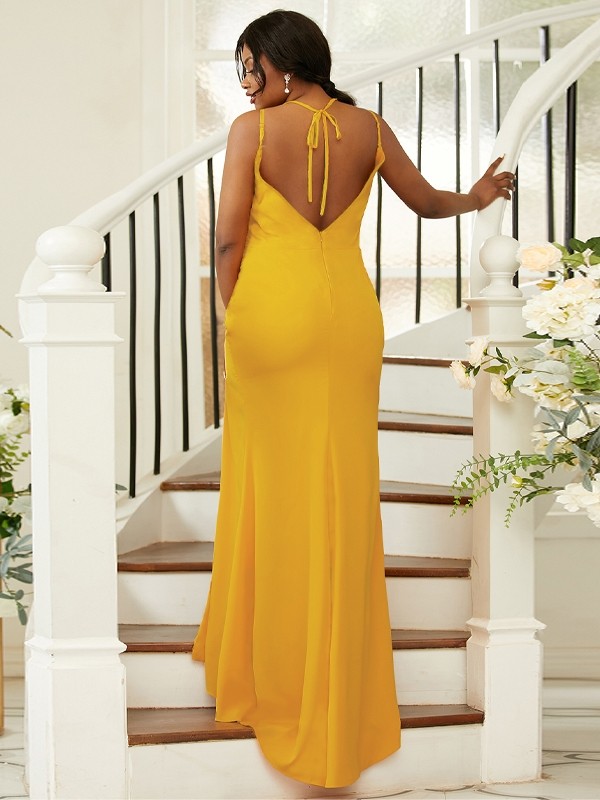 Sheath/Column Jersey Ruched Spaghetti Straps Sleeveless Sweep/Brush Train Bridesmaid Dresses 2965