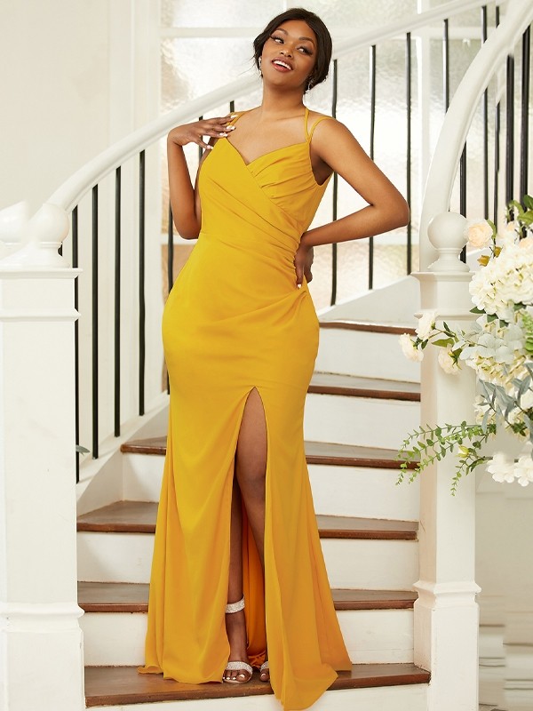 Sheath/Column Jersey Ruched Spaghetti Straps Sleeveless Sweep/Brush Train Bridesmaid Dresses 2965