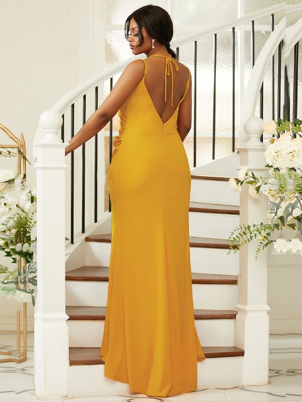 Sheath/Column Jersey Ruched Spaghetti Straps Sleeveless Sweep/Brush Train Bridesmaid Dresses 2965