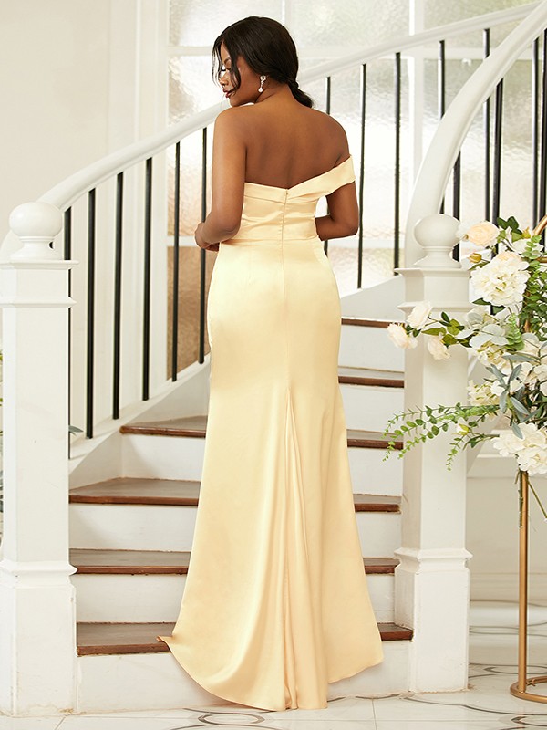 Sheath/Column Ruched One-Shoulder Sleeveless Sweep/Brush Train Bridesmaid Dresses 2924