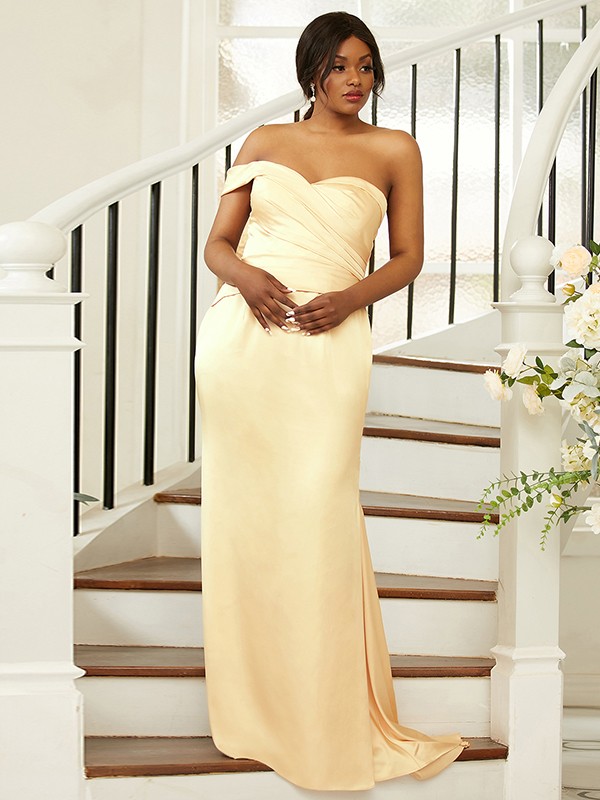 Sheath/Column Ruched One-Shoulder Sleeveless Sweep/Brush Train Bridesmaid Dresses 2924