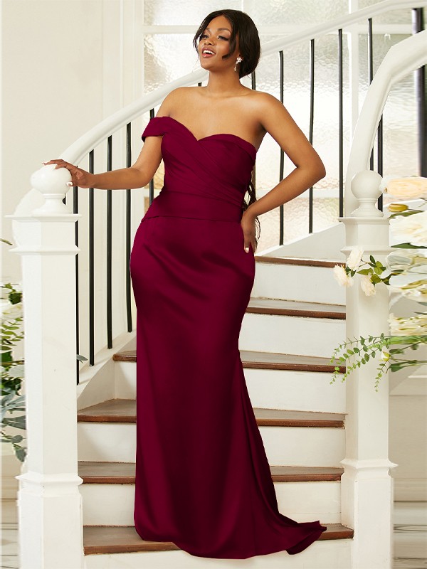 Sheath/Column Ruched One-Shoulder Sleeveless Sweep/Brush Train Bridesmaid Dresses 2924