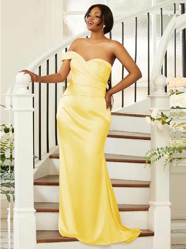 Sheath/Column Ruched One-Shoulder Sleeveless Sweep/Brush Train Bridesmaid Dresses 2924