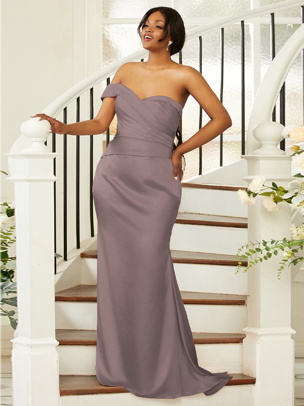 Sheath/Column Ruched One-Shoulder Sleeveless Sweep/Brush Train Bridesmaid Dresses 2924