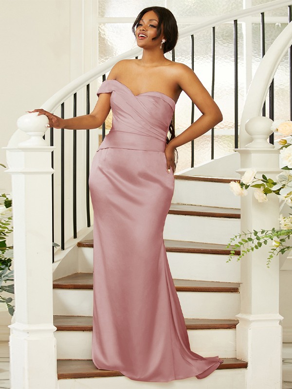 Sheath/Column Ruched One-Shoulder Sleeveless Sweep/Brush Train Bridesmaid Dresses 2924