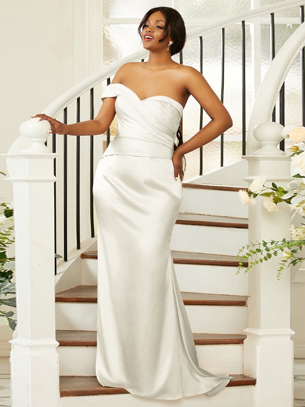 Sheath/Column Ruched One-Shoulder Sleeveless Sweep/Brush Train Bridesmaid Dresses 2924