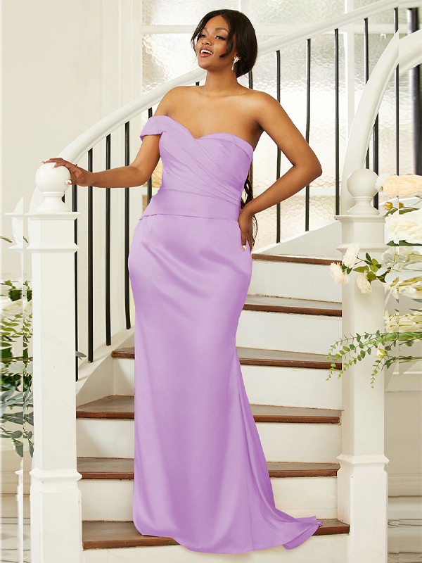 Sheath/Column Ruched One-Shoulder Sleeveless Sweep/Brush Train Bridesmaid Dresses 2924