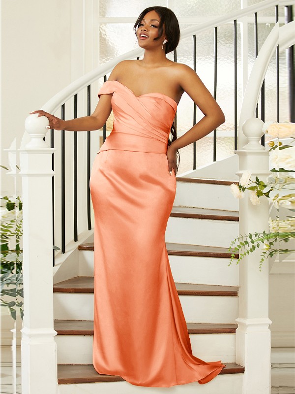 Sheath/Column Ruched One-Shoulder Sleeveless Sweep/Brush Train Bridesmaid Dresses 2924