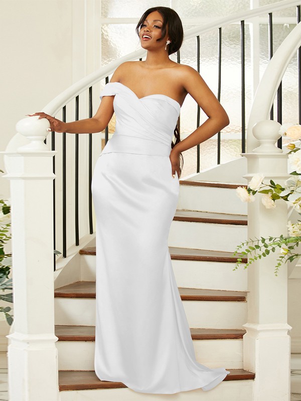 Sheath/Column Ruched One-Shoulder Sleeveless Sweep/Brush Train Bridesmaid Dresses 2924