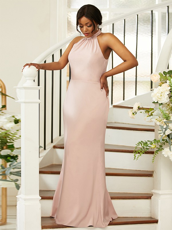 Sheath/Column Silk like Satin Ruched Halter Sleeveless Floor-Length Bridesmaid Dresses 3053