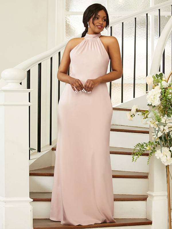 Sheath/Column Silk like Satin Ruched Halter Sleeveless Floor-Length Bridesmaid Dresses 3053