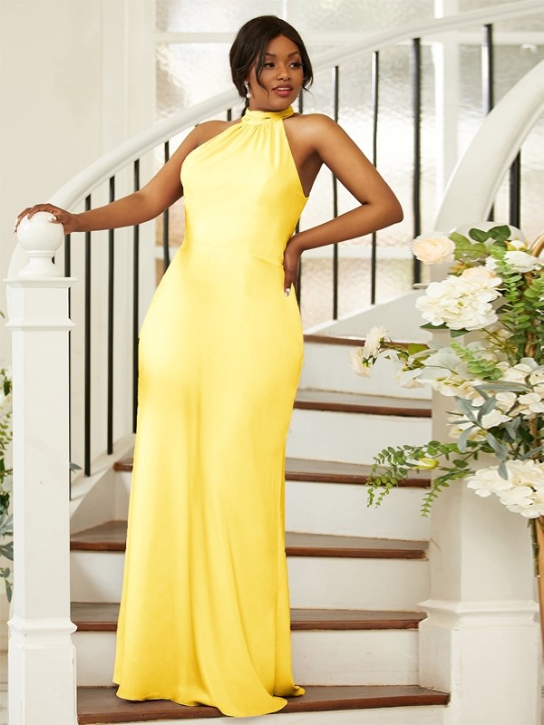 Sheath/Column Silk like Satin Ruched Halter Sleeveless Floor-Length Bridesmaid Dresses 3053