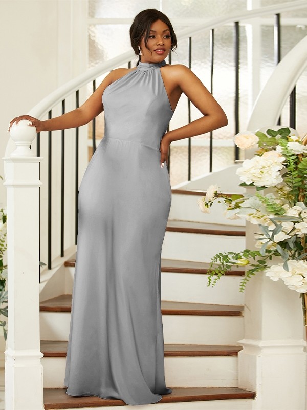 Sheath/Column Silk like Satin Ruched Halter Sleeveless Floor-Length Bridesmaid Dresses 3053