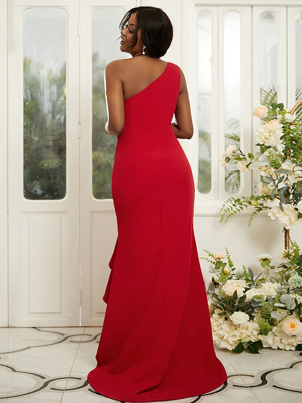 Sheath/Column Stretch Crepe Ruched One-Shoulder Sleeveless Sweep/Brush Train Bridesmaid Dresses 3169