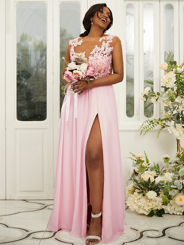 A-Line/Princess Chiffon Applique Scoop Sleeveless Floor-Length Bridesmaid Dresses 2131