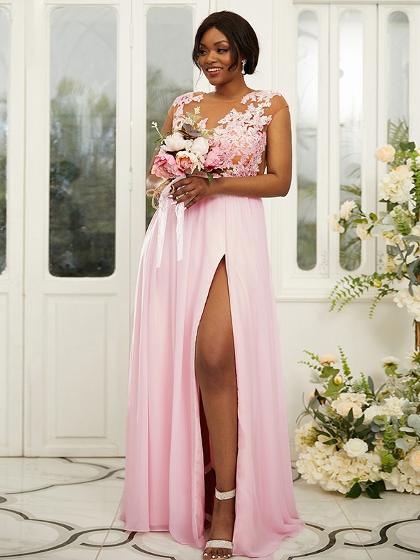 A-Line/Princess Chiffon Applique Scoop Sleeveless Floor-Length Bridesmaid Dresses 2131