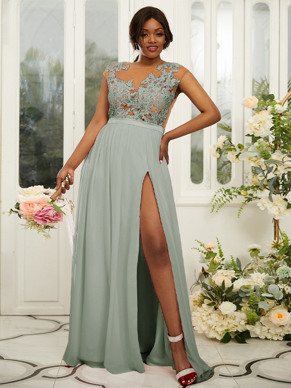 A-Line/Princess Chiffon Applique Scoop Sleeveless Floor-Length Bridesmaid Dresses 2131