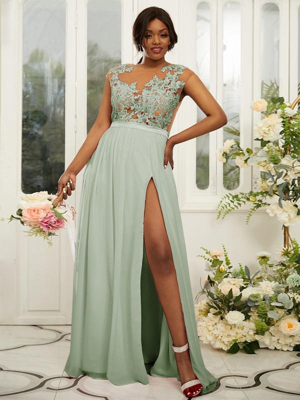 A-Line/Princess Chiffon Applique Scoop Sleeveless Floor-Length Bridesmaid Dresses 2131