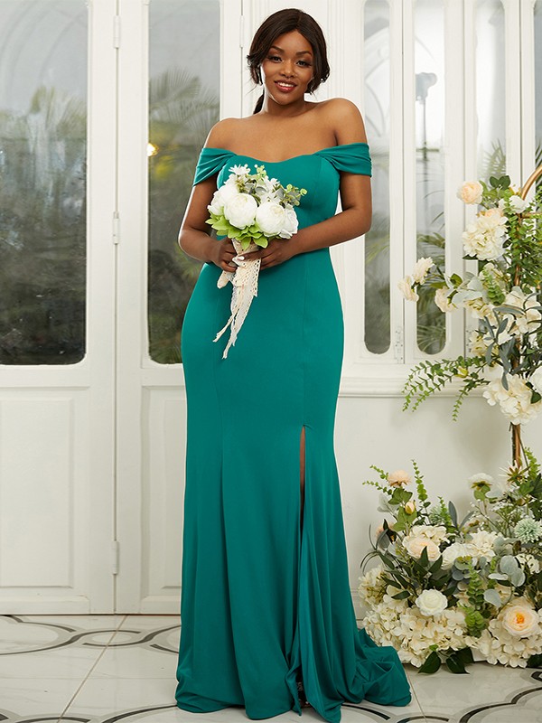 Sheath/Column Jersey Ruffles Off-the-Shoulder Sleeveless Sweep/Brush Train Bridesmaid Dresses 2969