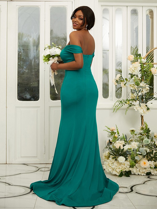 Sheath/Column Jersey Ruffles Off-the-Shoulder Sleeveless Sweep/Brush Train Bridesmaid Dresses 2969