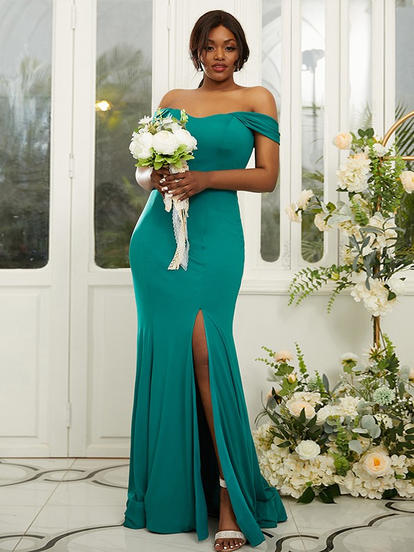 Sheath/Column Jersey Ruffles Off-the-Shoulder Sleeveless Sweep/Brush Train Bridesmaid Dresses 2969