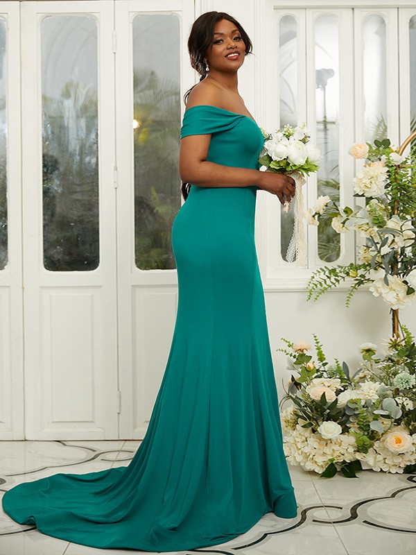 Sheath/Column Jersey Ruffles Off-the-Shoulder Sleeveless Sweep/Brush Train Bridesmaid Dresses 2969