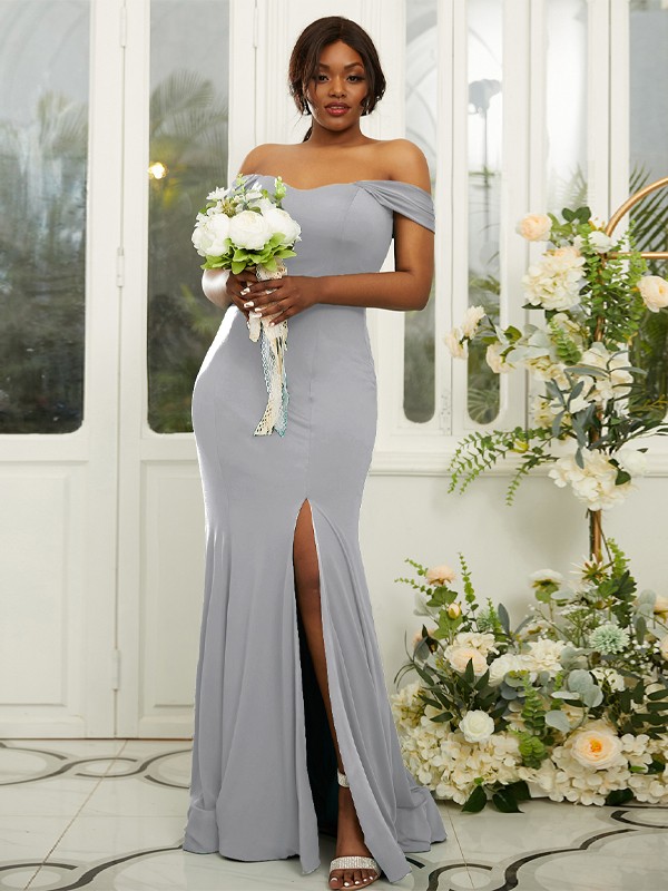 Sheath/Column Jersey Ruffles Off-the-Shoulder Sleeveless Sweep/Brush Train Bridesmaid Dresses 2969