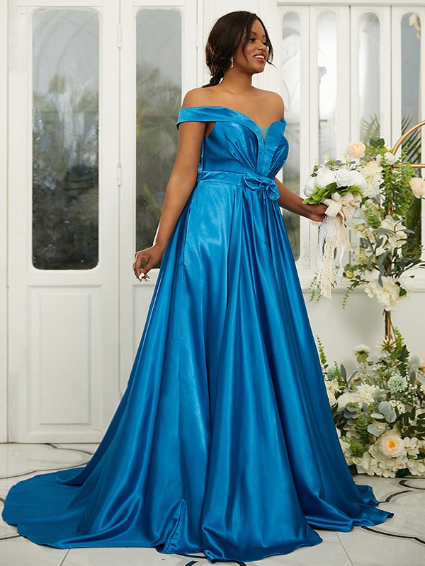 A-Line/Princess Silk like Satin Ruffles Off-the-Shoulder Sleeveless Sweep/Brush Train Bridesmaid Dresses 2482