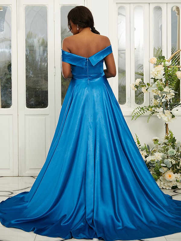 A-Line/Princess Silk like Satin Ruffles Off-the-Shoulder Sleeveless Sweep/Brush Train Bridesmaid Dresses 2482