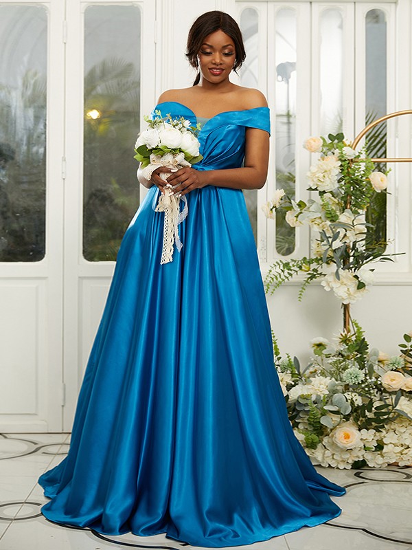 A-Line/Princess Silk like Satin Ruffles Off-the-Shoulder Sleeveless Sweep/Brush Train Bridesmaid Dresses 2482