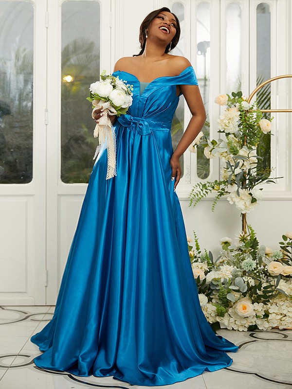 A-Line/Princess Silk like Satin Ruffles Off-the-Shoulder Sleeveless Sweep/Brush Train Bridesmaid Dresses 2482