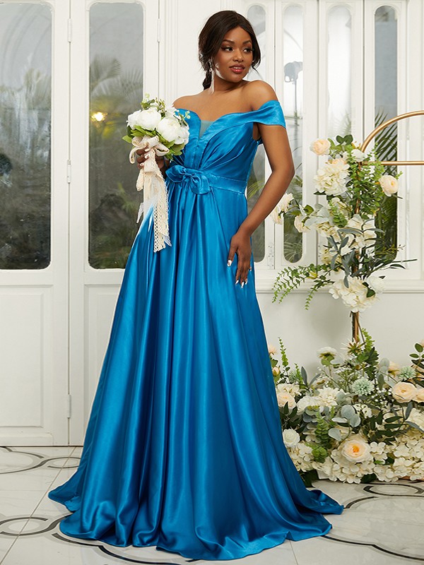 A-Line/Princess Silk like Satin Ruffles Off-the-Shoulder Sleeveless Sweep/Brush Train Bridesmaid Dresses 2482