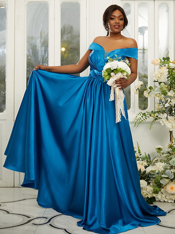 A-Line/Princess Silk like Satin Ruffles Off-the-Shoulder Sleeveless Sweep/Brush Train Bridesmaid Dresses 2482