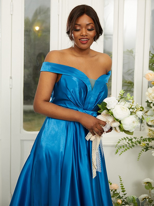 A-Line/Princess Silk like Satin Ruffles Off-the-Shoulder Sleeveless Sweep/Brush Train Bridesmaid Dresses 2482