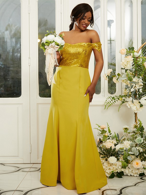 Sheath/Column Stretch Crepe Sequin Off-the-Shoulder Sleeveless Floor-Length Bridesmaid Dresses 3200