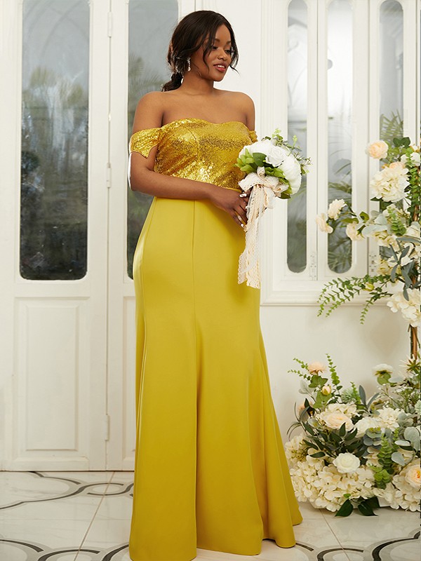 Sheath/Column Stretch Crepe Sequin Off-the-Shoulder Sleeveless Floor-Length Bridesmaid Dresses 3200