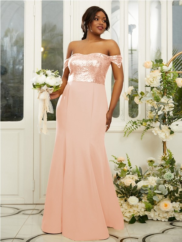 Sheath/Column Stretch Crepe Sequin Off-the-Shoulder Sleeveless Floor-Length Bridesmaid Dresses 3200